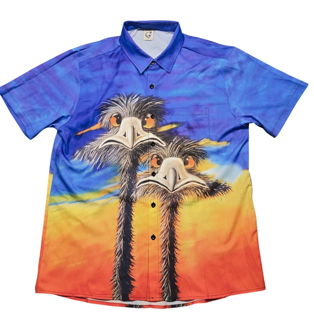 HARDADDY Shirt Mens Medium Ostrich Graphic Button Up Multicolor Casual
